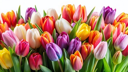 Fototapeta premium Vibrant Border of Fresh Tulips Isolated on White - Spring Floral Background