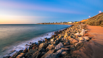 Christies Beach coastline with Witton Bluff trail at dusk while viewed towards the Esplanade