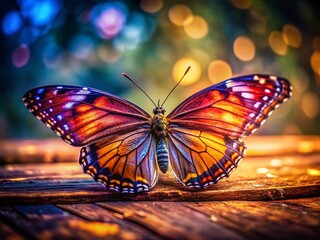 Obraz premium Vibrant Butterfly on Wood: High-Resolution Stock Photo of a Colorful Insect Resting on Rustic Wooden Surface
