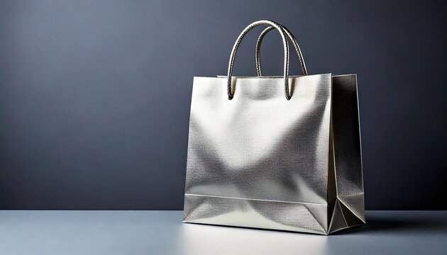 Elegant silver shopping bag positioned on a clean surface with a dark background