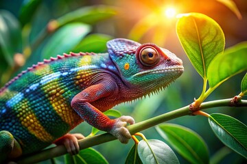 Vibrant Chameleon on Branch - Candid Wildlife Photography