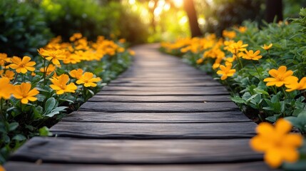 Serene Pathway Through Vibrant Yellow Flowers in Sunlit Garden