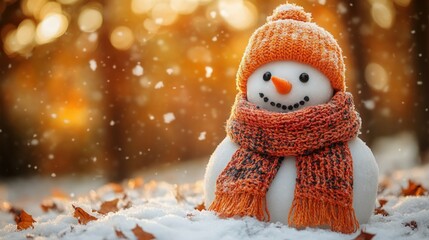 Snowman in a Vibrant Winter Landscape Surrounded by Falling Snow