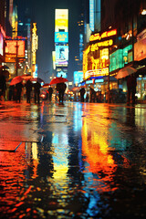 Obraz premium Rainy city street at night with neon sign reflections on wet pavement, people with umbrellas, and falling raindrops Generative AI