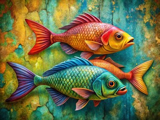 Fototapeta premium Vibrant Colorful Fish Painting, Textured Background, Abstract Art, Stock Photo