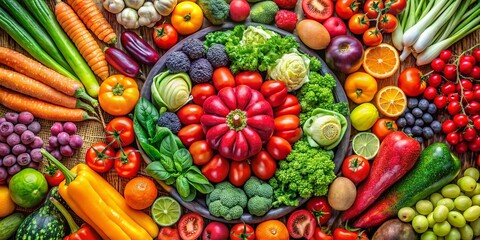 Vibrant Colorful Fruit and Vegetable Circle: Fresh Produce Stock Photo
