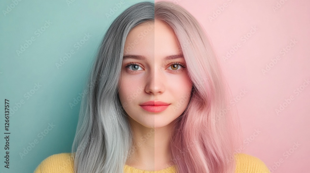 Poster transitioning from gray to vibrant hair colors with a striking dual tone effect. generative ai