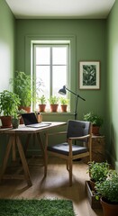 Obraz premium Cozy green home office with indoor plants and wooden furniture