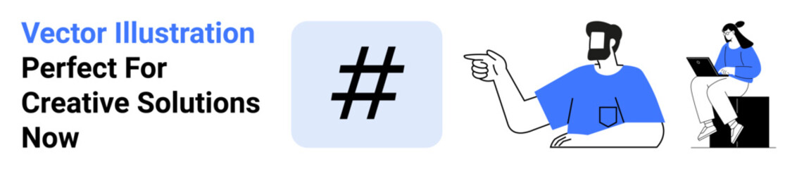 Fototapeta premium Bold metadata tag in blue frame, man pointing forward, woman with laptop seated on cube. Ideal for collaboration, creativity, innovation, remote work, marketing branding social media. Flat landing