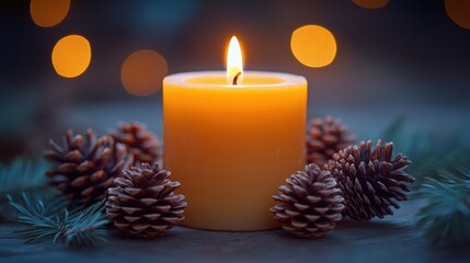Warm Candlelight with Pine Cones and Natural Elements for Holidays