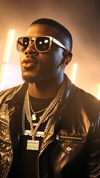 Music artist posing confidently in stylish leather jacket and sunglasses during urban photoshoot with vibrant lighting