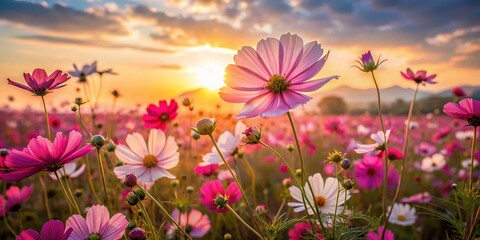 Fototapeta premium Vibrant Cosmos Flower Field: Pink, Purple, Red & White Blossoms at Sunset