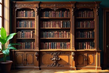 Antique wooden bookshelf with intricate carvings and ornate details, old world charm, rustic elegance, wooden bookcase