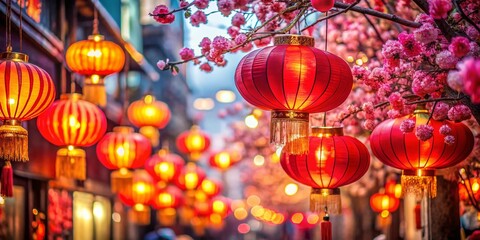 Vibrant Double Exposure: Chinese New Year Lanterns & Blossoms