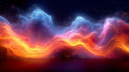 Obraz premium Neon cloud explosion abstract background with glowing particles and waves. Bright neon cloud forming dynamic shapes against dark background. 