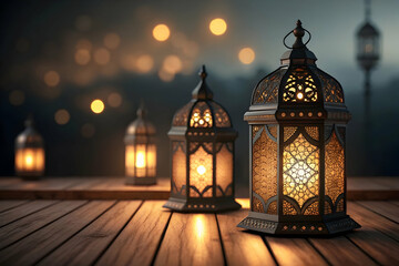 Obraz premium Ramadan mubarak featuring multiple glowing moroccan lanterns casting warm light on a wooden floor with a bokeh background