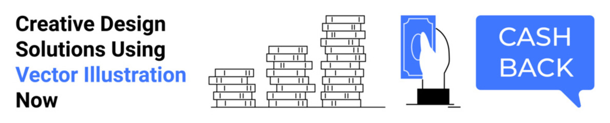Fototapeta premium Stacks of coins increase in size, a hand gestures payment on a card terminal, and a text balloon highlights cashback. Ideal for cashback offers, finance savings, payment solutions, e-commerce