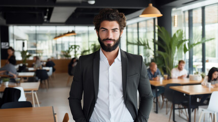 A charming CEO exudes confidence with a warm smile, showcasing leadership and success in a dynamic business environment.