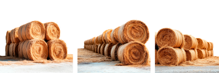 Stacks of hay bales arranged in rows on a farmyard, isolated on a transparent background. Includes compactly stacked cylindrical hay bales with natural textures.