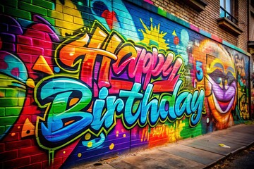 Obraz premium Vibrant Graffiti Birthday Art: Urban Style Happy Birthday Celebration Stock Photo