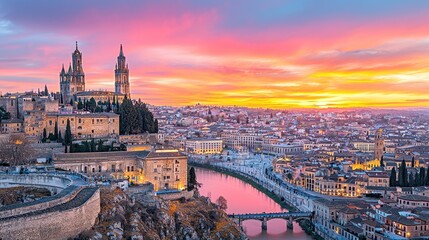 Panoramic sunset view of a Spanish city with a cathedral, cityscape, and river