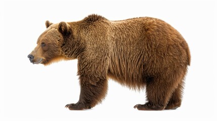 Fototapeta premium Majestic brown bear standing alone on a white backdrop, showcasing its powerful form and natural beauty.
