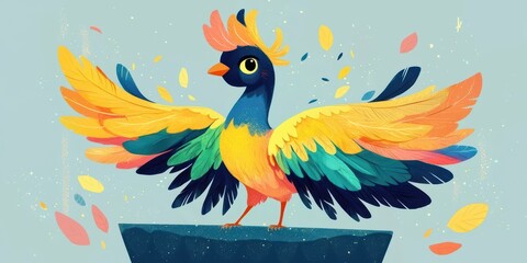 Obraz premium A vibrant, cartoonish bird with colorful feathers spreads its wings, surrounded by scattered leaves in a playful, artistic style.