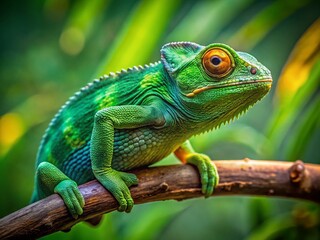 Fototapeta premium Vibrant Green Chameleon on Branch - Exotic Reptile Stock Photo