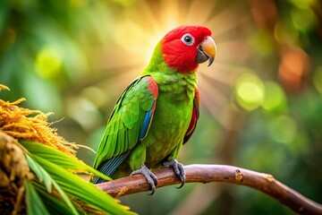 Fototapeta premium Vibrant Green Parrot with Red Beak Perched on Branch – Tropical Bird Stock Photo