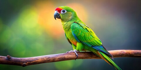 Obraz premium Vibrant Green Parrot Perched on Branch - Minimalist Bird Photography