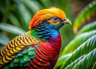 Obraz premium Vibrant Green Tropical Bird Close-Up: Lush Rainforest Avian Wildlife