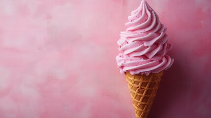 Delicious Pink Swirl Ice Cream Cone on Soft Pink Background