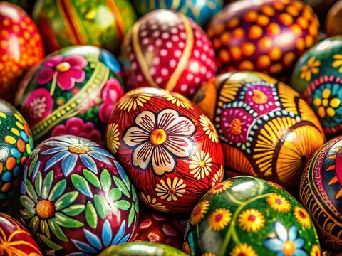 Vibrant Hand-Painted Easter Eggs with Shallow Depth of Field