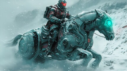 Naklejka premium Futuristic knight, robotic steed, snowy mountains, blizzard, sci-fi adventure