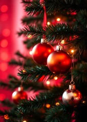 Fototapeta premium Christmas tree in red shiny glittering background - baubles hanging on fir with abstract lights bokeh red bokeh abstract background glow design light texture effect sparkle
