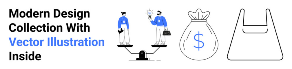 Two professionals balancing ideas on scales, a dollar money bag, and a shopping bag outline. Ideal for business, startups, teamwork, finance, e-commerce investment shopping. Flat landing page