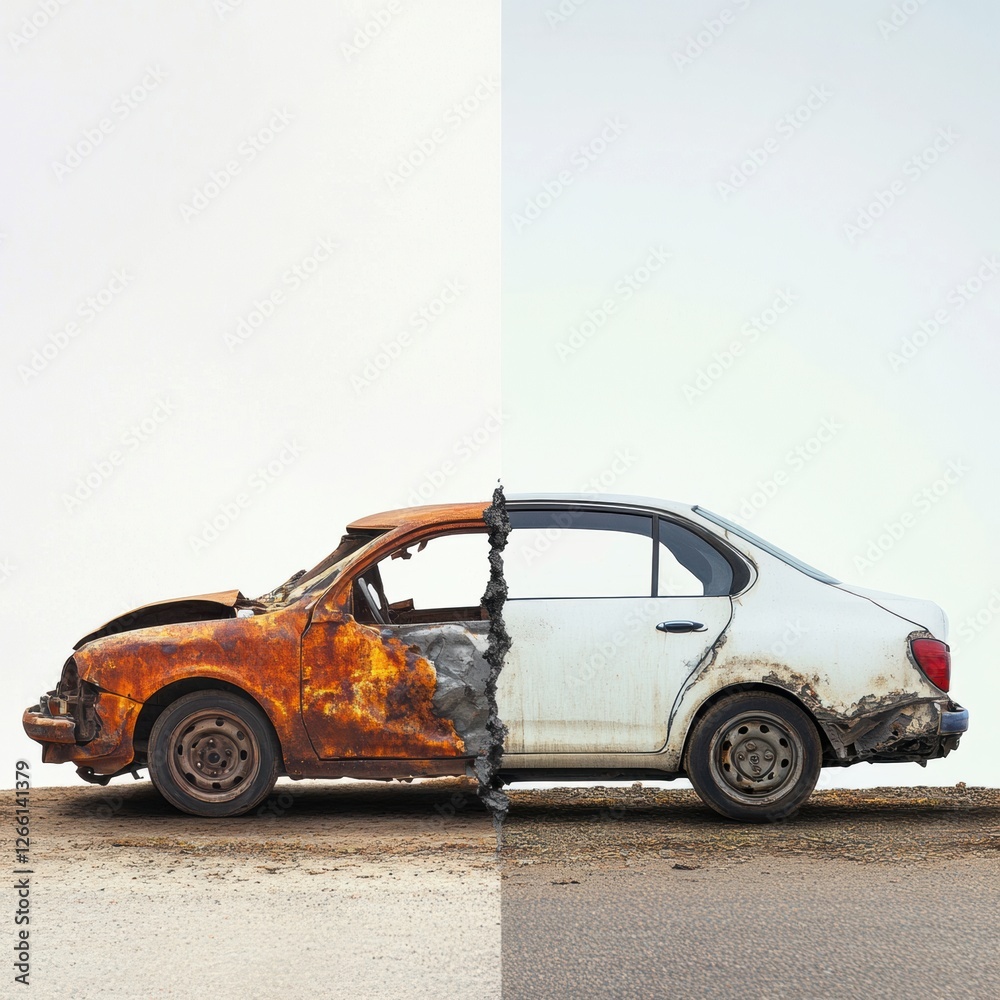 Poster dented rusted car juxtaposed with perfectly repaired vehicle showcasing transformation results. gene
