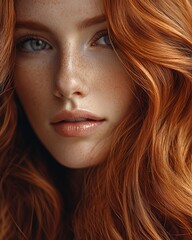 Obraz premium Portrait of a red haired woman with freckles smiling, for beauty products
