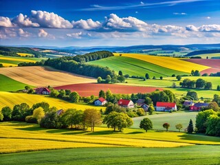 Obraz premium Vibrant Mecklenburg-Vorpommern Landscape: Colorful Fields and Rolling Hills