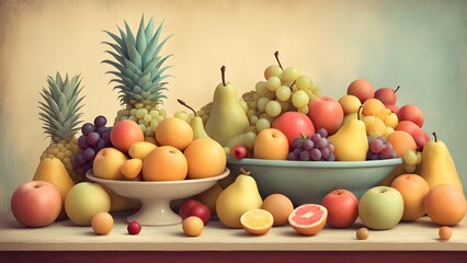 A stylized still life featuring a vibrant assortment of fresh fruits, including pineapples, pears, apples, grapes, and citrus fruits, artfully arranged in bowls and on a table.