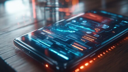 A closeup view of a smartphone on a wooden desk the display prominently featuring multiple blinking notifications that indicate cyber breaches with a subtle reflection of the users