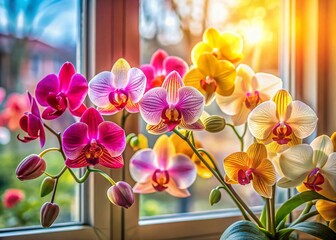 Vibrant Multicolored Orchids Blooming on Sunny Windowsill - Stock Photo