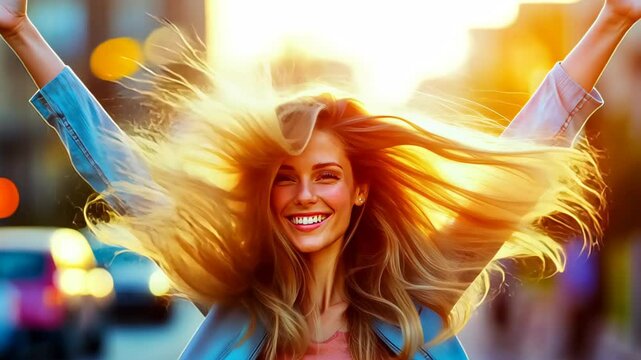 A joyful woman dances freely in the street, her happiness radiating against a soft, blurred backdrop.