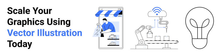 Mobile design interface, robotic automation arms on a conveyor, and a glowing light bulb symbolizing innovation. Ideal for technology, creativity, business, startups, e-commerce, manufacturing flat