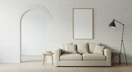 Scandinavian living room, minimalist interior design, beige sofa, white brick wall, empty picture frame, arched floor lamp, wooden coffee table, potted plant, neutral color palette, natural light, coz