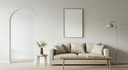 Scandinavian living room, minimalist interior design, beige sofa, white brick wall, empty picture frame, arched floor lamp, wooden coffee table, potted plant, neutral color palette, natural light, coz