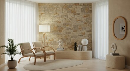 Modern minimalist living room, neutral tones, exposed brick wall, arched mirror, rattan armchair, potted plant, floor lamp, natural light, textured rug, beige curtains, wooden side table, abstract wal