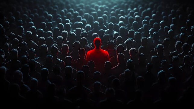 A dense crowd of matte black silhouettes, with a striking red figure in sharp contrast under a spotlight, emphasizing the peril of insider threats in data environments.