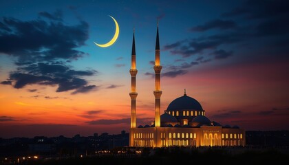 Naklejka premium Illuminated Mosque at Dusk with Crescent Moon during Ramadan Nights