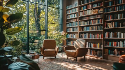 Sunlit Library Room With Leather Chairs And Extensive Book Collection